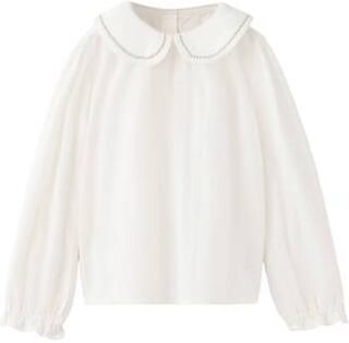 Mango Kids blousetop met borduursels naturel wit Meisjes Katoen Peter Pan-kraag
