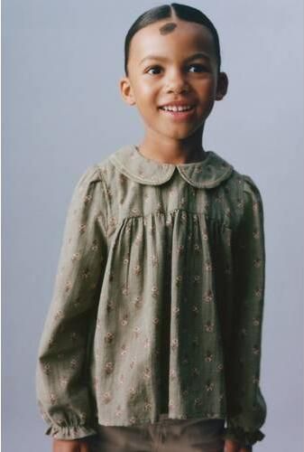 Mango Kids gebloemde blouse olijfgroen Meisjes Katoen Peter Pan-kraag