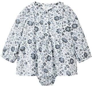 Mango Kids gebloemde korte jurk donkerblauw ecru Meisjes Katoen Ronde hals