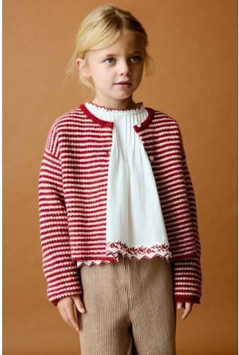 Mango Kids gebreid gestreept vest rood wit Meisjes Acryl Ronde hals Streep