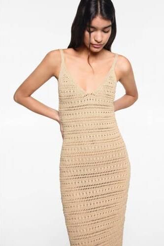 Mango Kids gebreide maxi jurk goud Meisjes Katoen V-hals Effen 152(XXS)