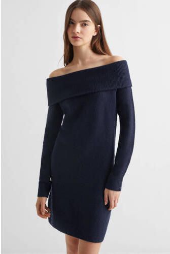 Mango Kids gebreide off shoulder jurk marine Blauw Effen 152(XXS)