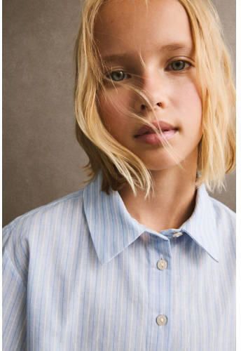 Mango Kids gestreepte blouse blauw Meisjes Katoen Klassieke kraag Streep 116
