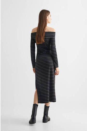 Mango Kids gestreepte off shoulder bodycon jurk zwart grijs Streep 152(XXS)