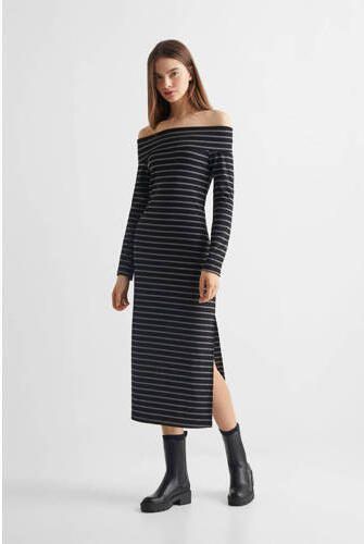 Mango Kids gestreepte off shoulder bodycon jurk zwart grijs Streep 152(XXS) - Foto 3