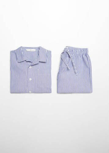 Mango Kids gestreepte pyjama blauw Jongens Katoen Klassieke kraag Streep 128 - Foto 3
