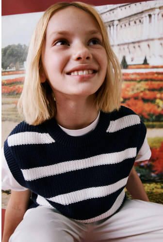 Mango Kids gestreepte top donkerblauw wit Meisjes Katoen Ronde hals Streep 128 - Foto 2