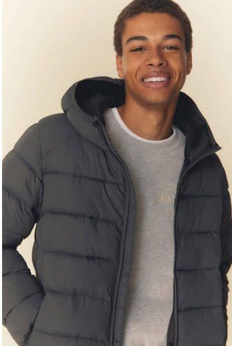 Mango Kids gewatteerde zomerjas antraciet Grijs Jongens Polyester Capuchon 158(XXS) - Foto 3