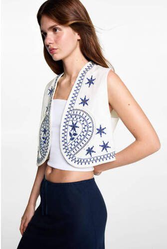 Mango Kids gilet met all over print en borduursels wit blauw Meisjes Katoen V-hals 158(XS) - Foto 2