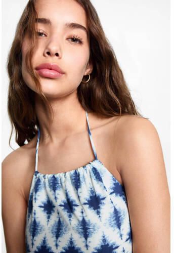 Mango Kids jumpsuit met all over print blauw wit Meisjes Viscose Halter 152(XXS)