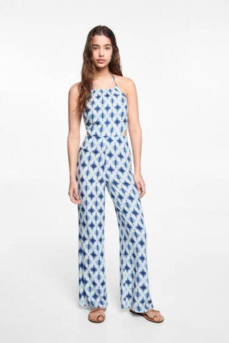 Mango Kids jumpsuit met all over print blauw wit Meisjes Viscose Halter 152(XXS) - Foto 2