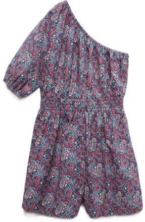 Mango Kids jumpsuit met all over print donkerblauw paars Meisjes Katoen One shoulder 116