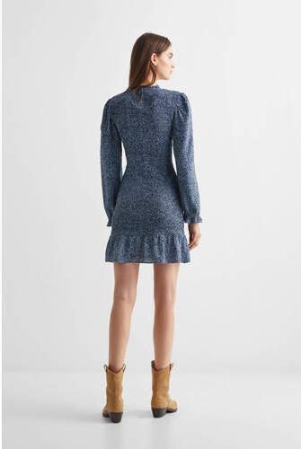 Mango Kids jurk met all over print blauw wit Meisjes Viscose Ronde hals 158(XS)