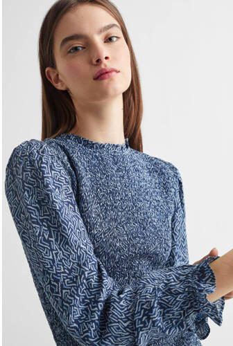 Mango Kids jurk met all over print blauw wit Meisjes Viscose Ronde hals 158(XS) - Foto 3