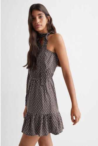 Mango Kids jurk met all over print bruin ecru zwart Meisjes Viscose One shoulder 152(XXS)