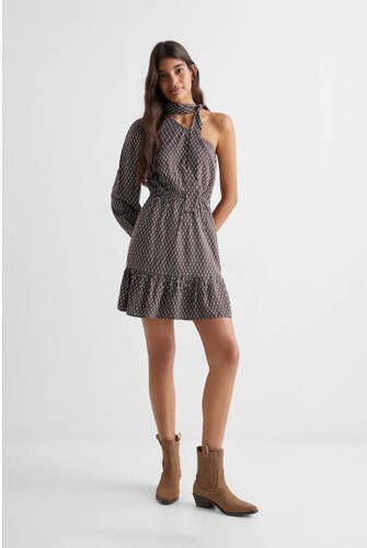 Mango Kids jurk met all over print bruin ecru zwart Meisjes Viscose One shoulder 152(XXS) - Foto 3