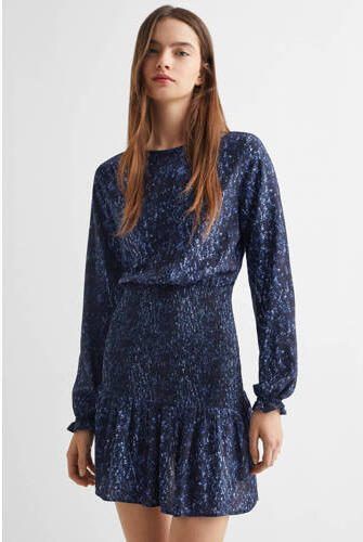 Mango Kids jurk met all over print donkerblauw blauw Meisjes Viscose Ronde hals 152(XXS)