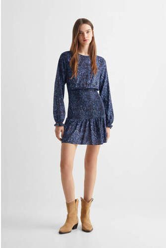 Mango Kids jurk met all over print donkerblauw blauw Meisjes Viscose Ronde hals 152(XXS) - Foto 3