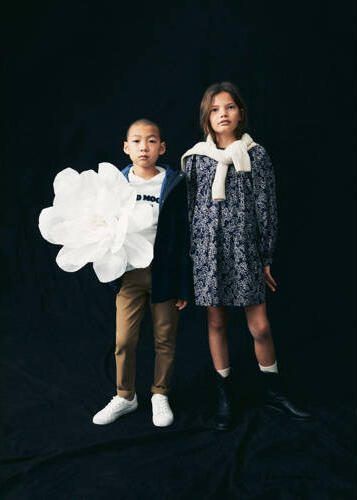 Mango Kids jurk met all over print donkerblauw lichtroze Meisjes Katoen Ronde hals 116