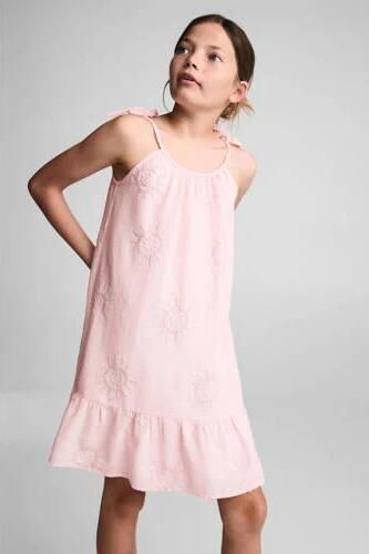 Mango Kids jurk met all over print en borduursels pastelroze Meisjes Katoen Ronde hals 146