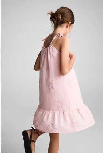 Mango Kids jurk met all over print en borduursels pastelroze Meisjes Katoen Ronde hals 116 - Foto 2