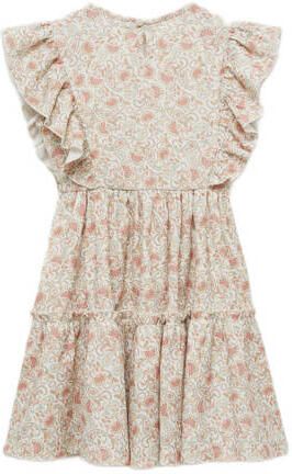 Mango Kids jurk met all over print en ruches lichtbeige Meisjes Polyester Ronde hals 164