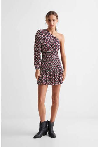Mango Kids jurk met all over print roze paars Meisjes Katoen One shoulder 152(XXS)