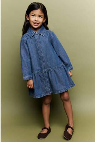 Mango Kids korte A-lijn spijkerjurk changeant blauw Meisjes Denim Klassieke kraag