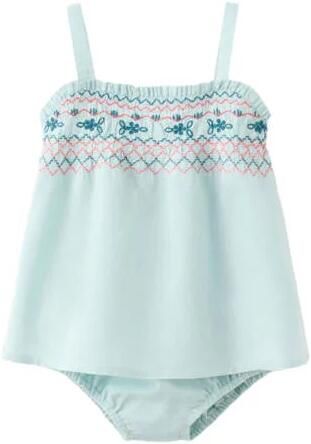 Mango Kids korte jurk met borduursels lichtblauw Meisjes Katoen Vierkante hals