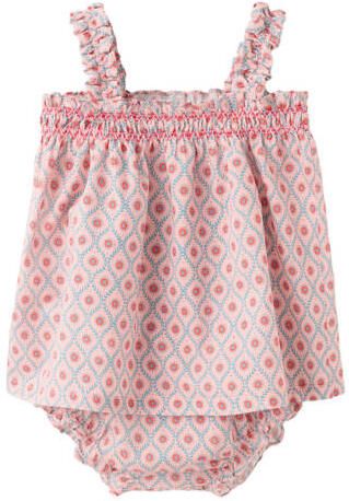 Mango Kids korte jurk met print en ruches roze Meisjes Katoen Vierkante hals