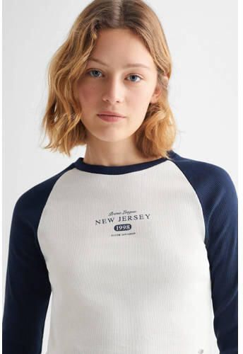 Mango Kids longsleeve met tekst donkerblauw wit Meisjes Katoen Ronde hals 152(XXS)