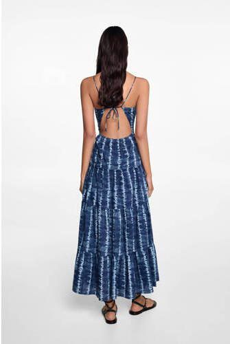 Mango Kids maxi A-lijn jurk met all over print met open rug blauw wit Meisjes Katoen Ronde hals 152(XXS) - Foto 3