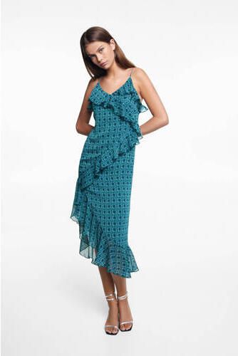 Mango Kids maxi jurk met all over print blauw Meisjes Polyester V-hals 152(XXS)