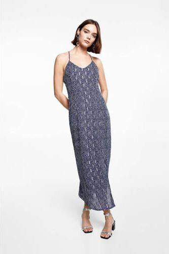 Mango Kids maxi jurk met all over print donkerblauw Meisjes Polyester V-hals 152(XXS)