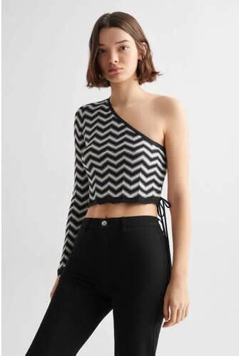 Mango Kids one shoulder top met grafische print zwart wit Grafisch 152(XXS)