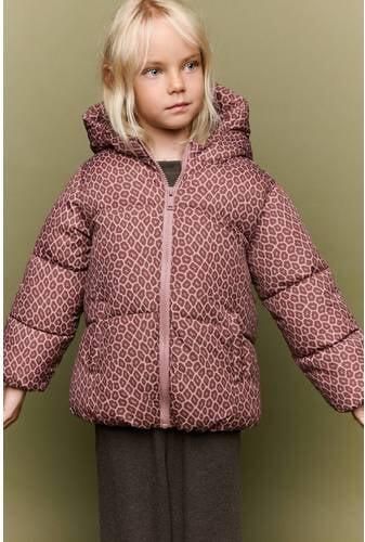 Mango Kids pufferjas met panterprint roze Meisjes Polyester Capuchon
