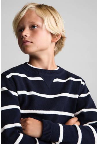 Mango Kids pullover donkerblauw Trui Jongens Katoen Ronde hals Streep 128