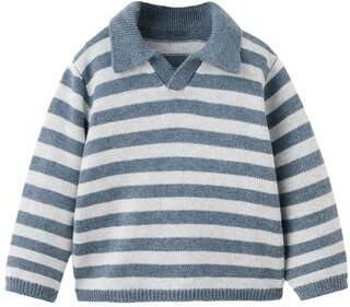 Mango Kids rechtvallende gebreide gestreepte trui middenblauw lichtblauw Jongens Katoen Polokraag