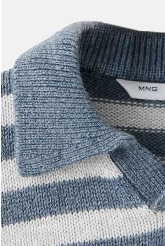 Mango Kids rechtvallende gebreide gestreepte trui middenblauw lichtblauw Jongens Katoen Polokraag - Foto 3