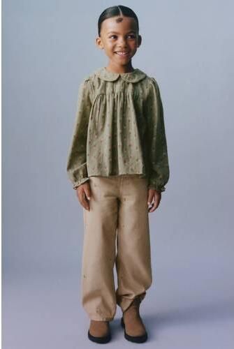 Mango Kids regular fit wide leg jeans met borduursels lichtbeige Meisjes Denim