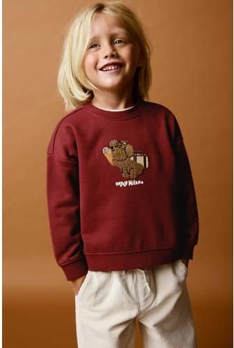 Mango Kids sweater met print donkerrood Jongens Katoen Ronde hals Printopdruk