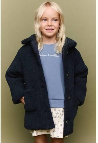 Mango Kids teddy jas marineblauw Meisjes Polyester Klassieke kraag Effen