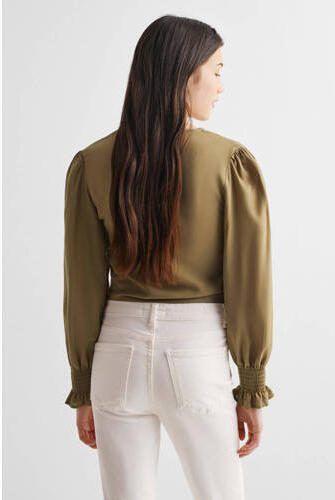 Mango Kids top khakigroen Meisjes Viscose V-hals Effen 152(XXS)