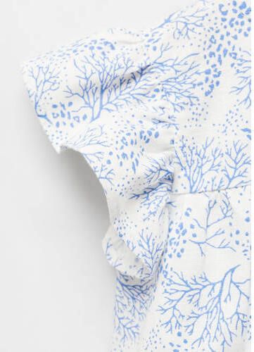 Mango Kids top met all over print en ruches blauw wit Meisjes Katoen Ronde hals 104 - Foto 3