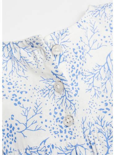 Mango Kids top met all over print en ruches blauw wit Meisjes Katoen Ronde hals 104 - Foto 2