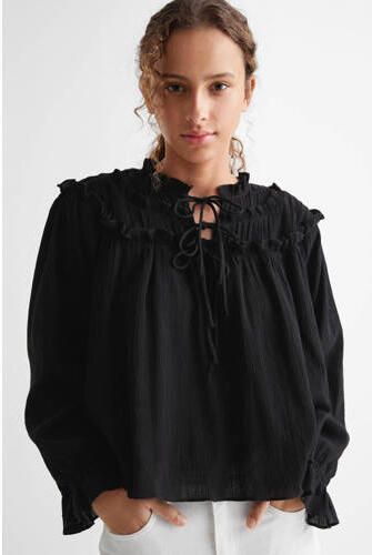Mango Kids top zwart Meisjes Katoen V-hals Effen 158(XS)