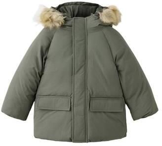 Mango Kids winterjas met imitatiebontkraag groen Jongens Gewatteerd Capuchon