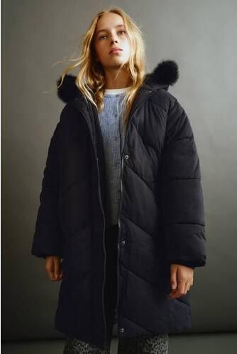 Mango Kids winterjas met imitatiebontkraag zwart Meisjes Polyester Capuchon