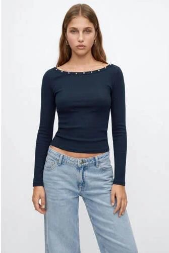 MANGO TEEN longsleeve met studs marineblauw Meisjes Katoen Boothals Effen maat 168(M)