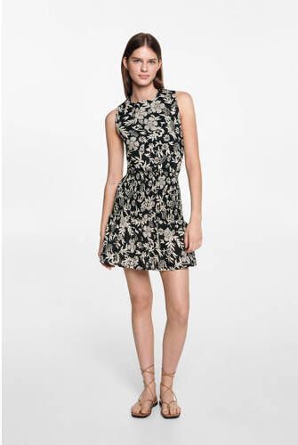 MANGO TEENS gebloemde jurk met open rug zwart beige Meisjes Katoen Ronde hals 152(XXS)